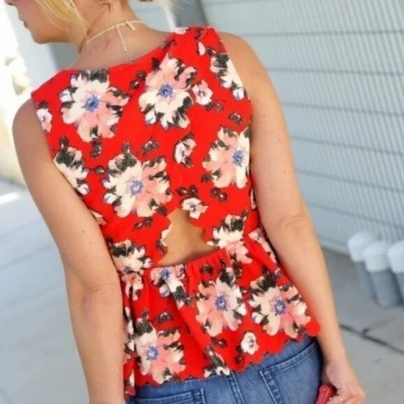 ANTHROPOLOGIE red floral peplum tank top XS - Picture 2 of 7
